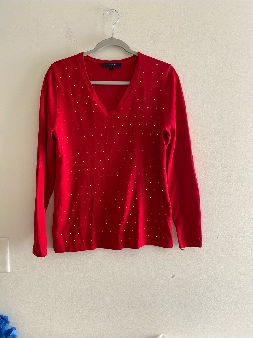 Tommy Hilfiger Red V-Neck Studded Sweater Sz L